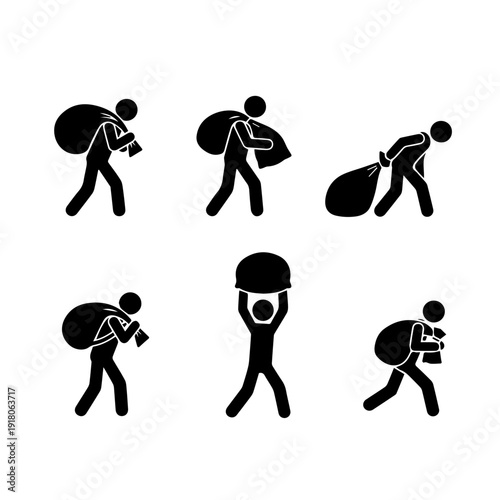 Stick figures depicting people carrying heavy loads, large bags, or stolen items, illustrating concepts of theft, burden, illicit activities, smuggling, and the weight of responsibility