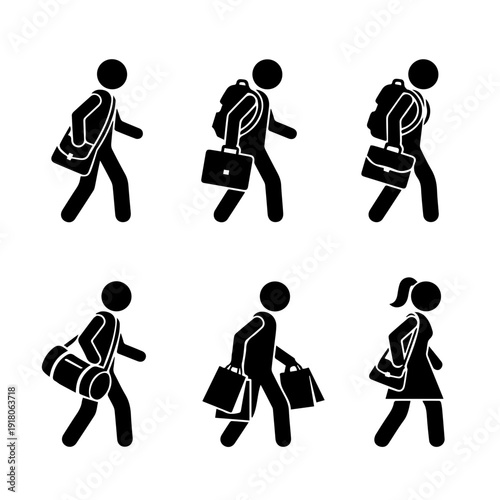 Monochrome stick figures depicting people walking with diverse bags briefcases, backpacks, and shopping bags, representing daily commutes, travel, and personal errands