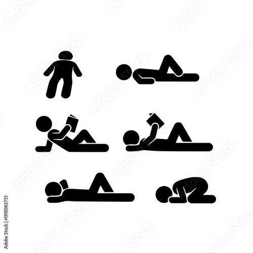 Collection of stick figure icons illustrating people in various relaxed, lying, and resting positions, some engrossed in reading books, representing quiet leisure and comfort