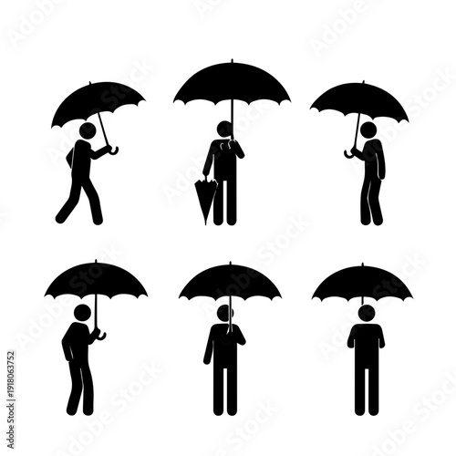 Diverse black silhouette stick figures depicting individuals holding open and closed umbrellas, symbolizing weather protection, rain preparedness, and safety measures against the elements