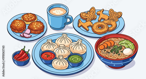 Colorful Cartoon Food Spread with Momos and Noodles