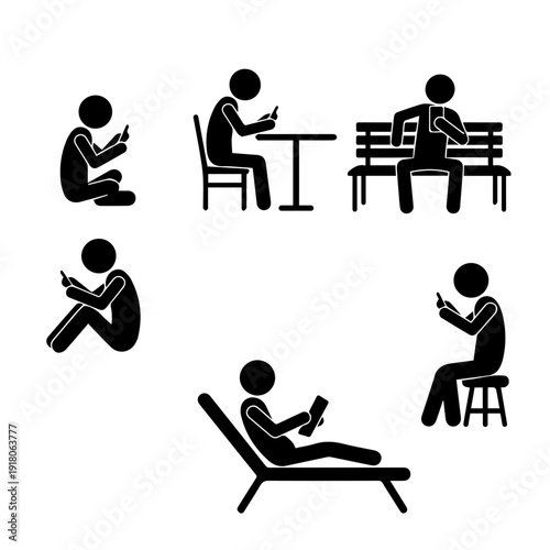 Vector icons depicting stick figures engaged with smartphones in diverse daily scenarios, representing ubiquitous mobile technology use and modern digital communication
