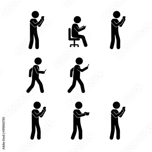 Diverse stick figures engaged in various everyday activities while interacting with mobile phones, symbolizing modern digital communication and ubiquitous technology use