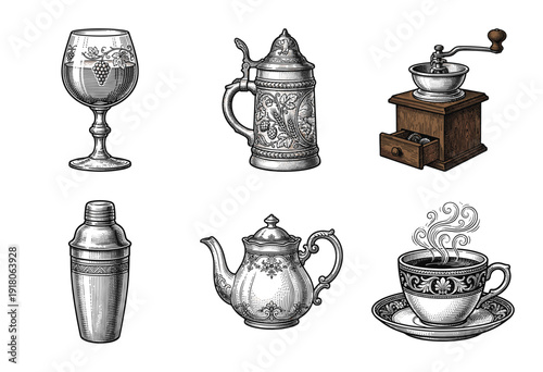 Vintage kitchenware and beverage collection featuring hand drawn engraving style illustrations of a coffee grinder teapot beer stein wine glass shaker and teacup.