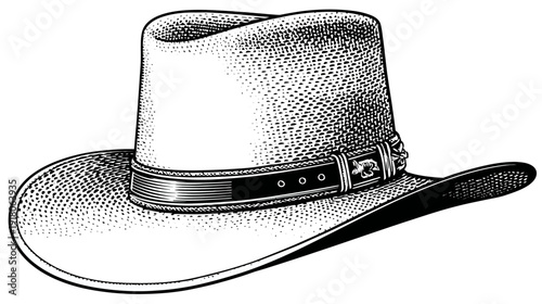 A black and white illustration of a straw cowboy hat. Includes a decorative band with holes