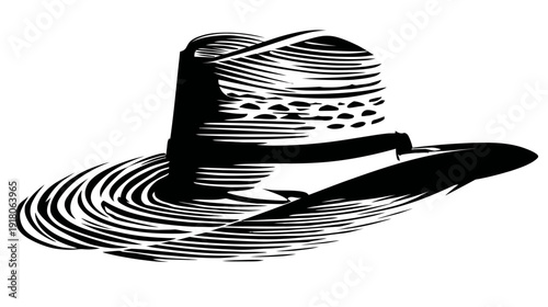A grayscale depiction of a hat, with a wide brim and a round top, created with strokes