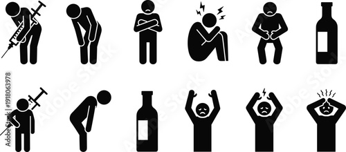 Drug Addiction Withdrawal Symptoms Icon Set, Black Silhouette Substance Abuse Illustrations, Mental Health Crisis Symbols, Opioid Crisis Awareness, Rehabilitation Recovery Graphics