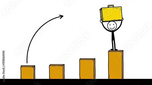 Stick Figure Success on Growth Bar Chart Cartoon Illustration, Rising Bar Graph Progress Animation