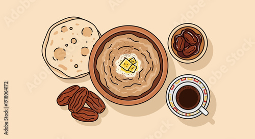 Traditional Arabic Meal Set Harees Dates Coffee and Flatbread