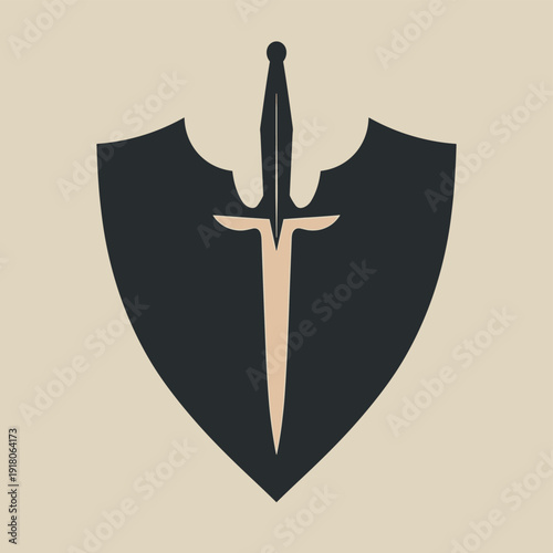 Shield and sword emblem in black and beige for T-shirt print  