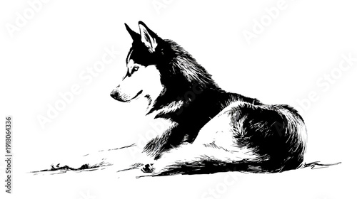 A black and white illustration of a dog laying down, looking off to the side
