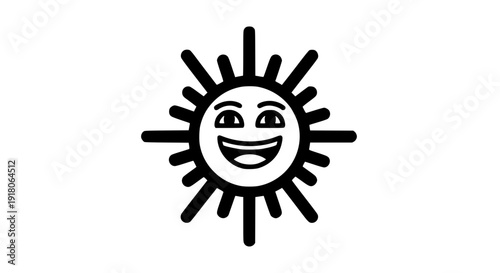 Smiling sun illustration, black and white vector line art, bold clean outlines, minimal flat design, white background, positivity and happiness concept, editable stroke