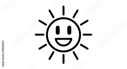 Smiling sun illustration, black and white vector line art, bold clean outlines, minimal flat design, white background, positivity and happiness concept, editable stroke