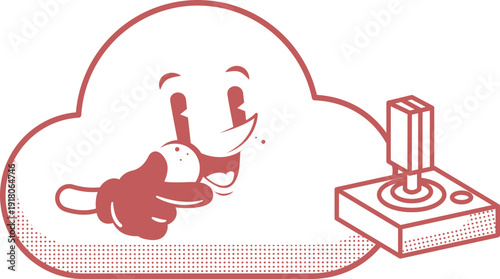 Friendly cloud mascot character holding a classic game controller.