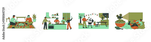 Flat Vector Lifestyle Scenes Graphic Set for Indoor and Outdoor Home Leisure Activities Illustration
