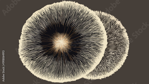 Close-up illustration of two mushroom caps with detailed gills against a dark background
