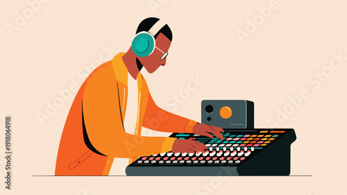 Stylized person in headphones operating a colorful music production console