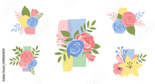 Floral illustrations with pastel-colored flowers and leaves arranged in various compositions on a clean background viewed from directly above
