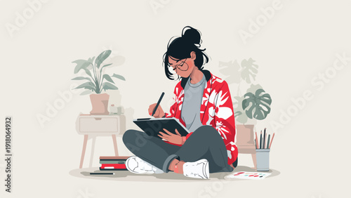 A person drawing on a tablet surrounded by plants and art supplies