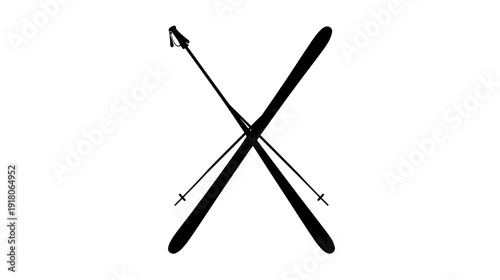 Silhouette of crossing skis with poles in black against a clean white background
