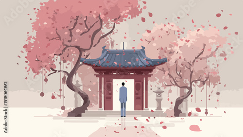 A person stands before a traditional building under blooming pink trees