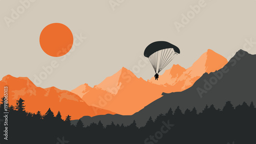 Silhouette of a paraglider soaring over orange mountains at sunset with trees