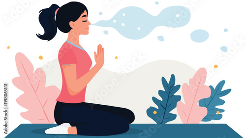 Serene woman in meditation poses with plants and abstract shapes, exhalation shown