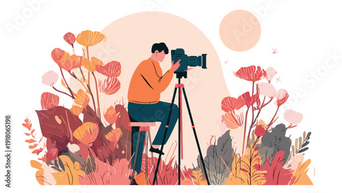 A person sits on a stool, operating a camera mounted on a tripod amidst a vibrant, abstract floral scene