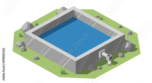 Isometric Swimming Pool with Concrete Walls and Faucet.