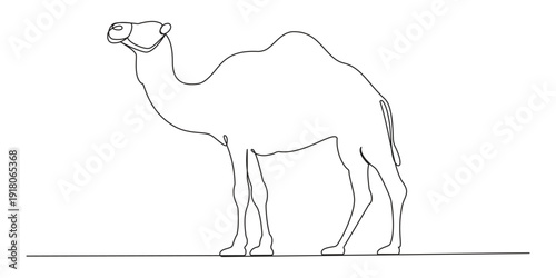 Continuous single line drawing of a humped camel, representing endurance and travel, line art style vector illustration.
