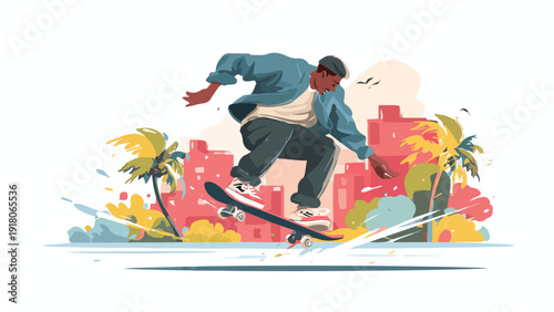 Energetic skateboarder performs trick with urban backdrop and palm trees