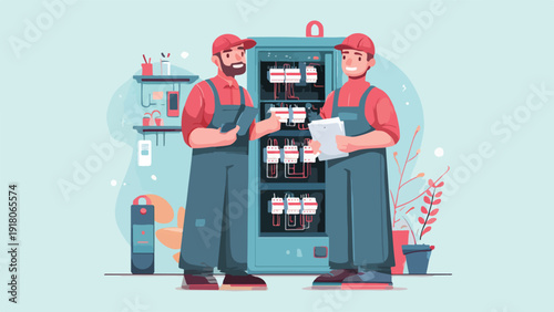Two electricians in red shirts and overalls examine electrical panel