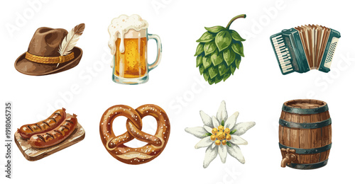 Bavarian Oktoberfest Watercolor Element Set Isolated on White
