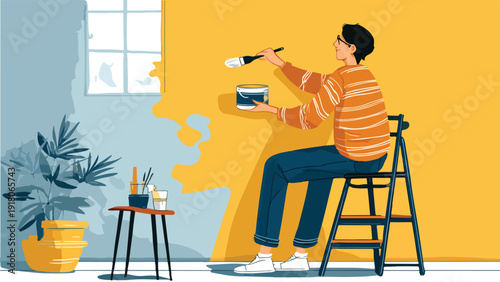 A person sits on a step ladder painting a wall yellow