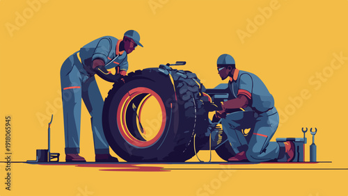 Two mechanics in blue overalls work on a large tire on a yellow background