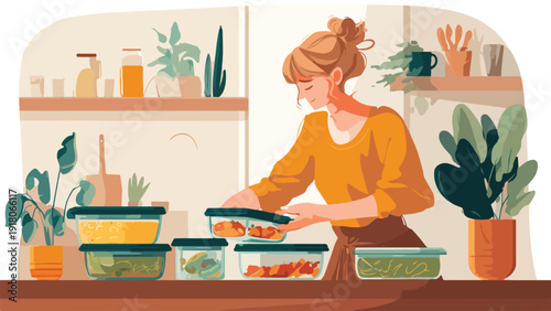 Woman in orange sweater prepares meals in glass containers with fresh ingredients and plants around