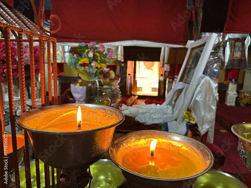 Votive lamps fueled with jacht butter in a Buddhist Monastery in Lhasa City, Tibet, China