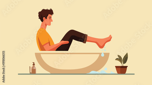Minimalist illustration of a person's profile sitting in a bathtub, with water dripping