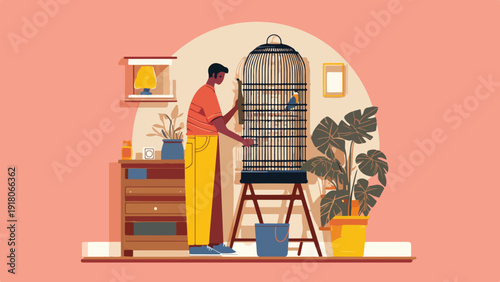 Person interacting with a bird in a cage indoors, surrounded by plants and furniture