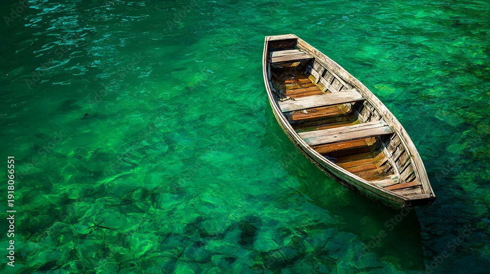 Obraz premium Wooden Rowboat Floating on Emerald Green Water in a Serene Natural Setting.