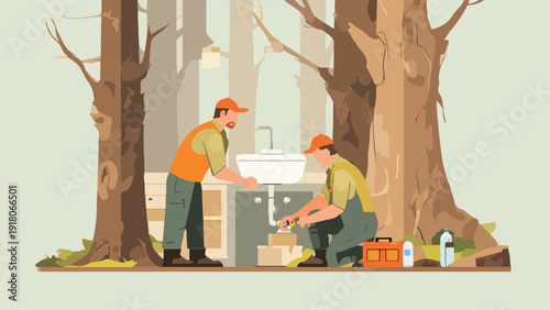 Plumbers work on a sink installation amidst large trees and natural surroundings