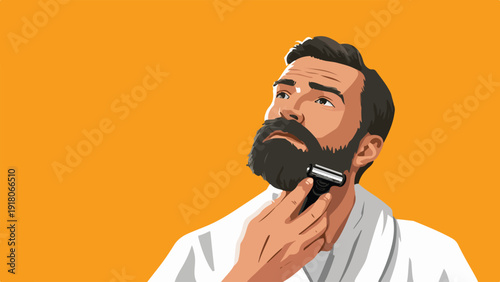 Man with beard shaves face with razor, wearing a robe against orange background