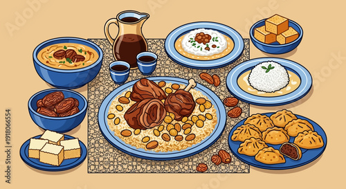 Traditional Middle Eastern Feast with Various Dishes