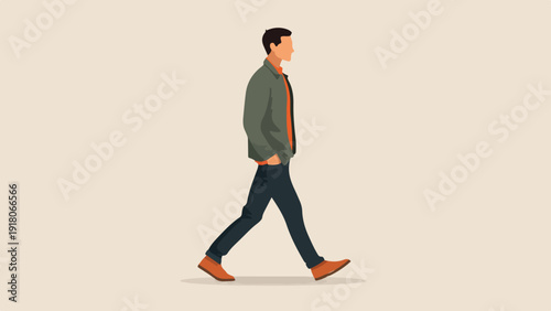 A man in a jacket and jeans walks forward with hands in pockets, side profile