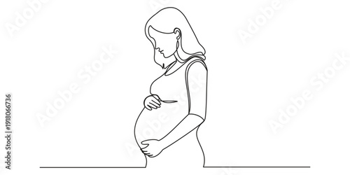 Continuous one line drawing of a Pregnant Woman holding her belly. Vector