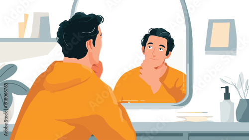 Man thoughtfully looks in mirror at his reflection, contemplating his appearance