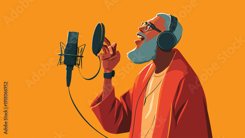 Man wearing headphones speaks into microphone, animated style