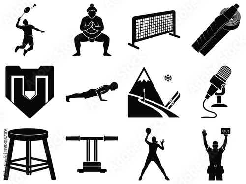 Black and white of sports, fitness, and activities on white background