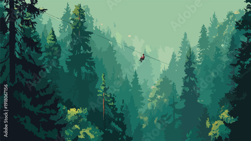 Person ziplining through a dense, stylized forest under a pale green sky