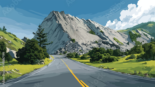 A winding asphalt road leads towards a towering, rugged mountain under a bright, cloudy sky